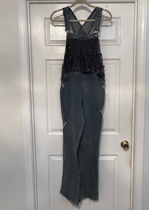 Le Lis Bedazzled Tassels Denim Jumper Bibs Women’s Medium Overall Casual Blue