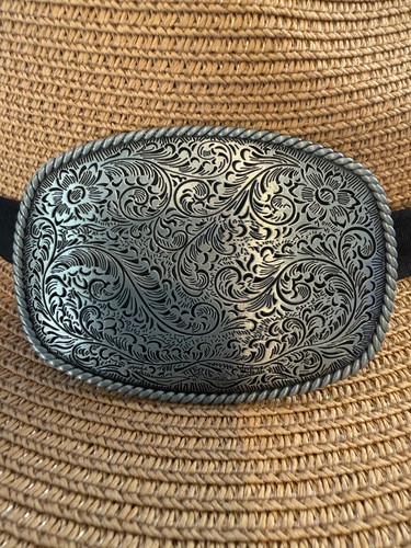 Fibbia classica vintage western cowboy in argento antico con fibbia floreale 9x6.5cm - Foto 1 di 2