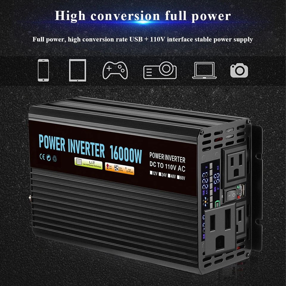 16000 Watt Car Vehicle Power Inverter Converter DC 12V to AC 110V Pure Sine Wave - Image 3 of 4