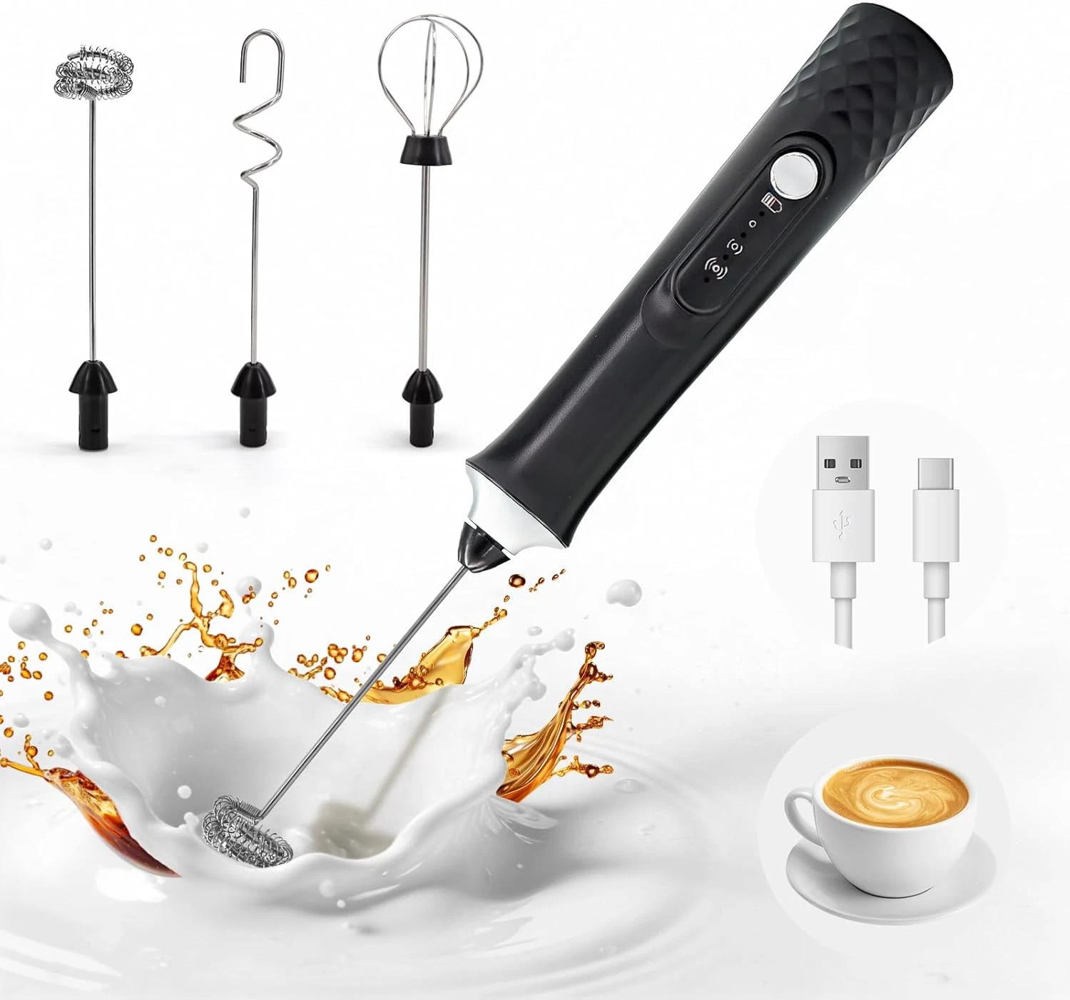 Milk Frother Handheld Rechargeable, Frother Wand Coffee Drink Mixer Electric Whi