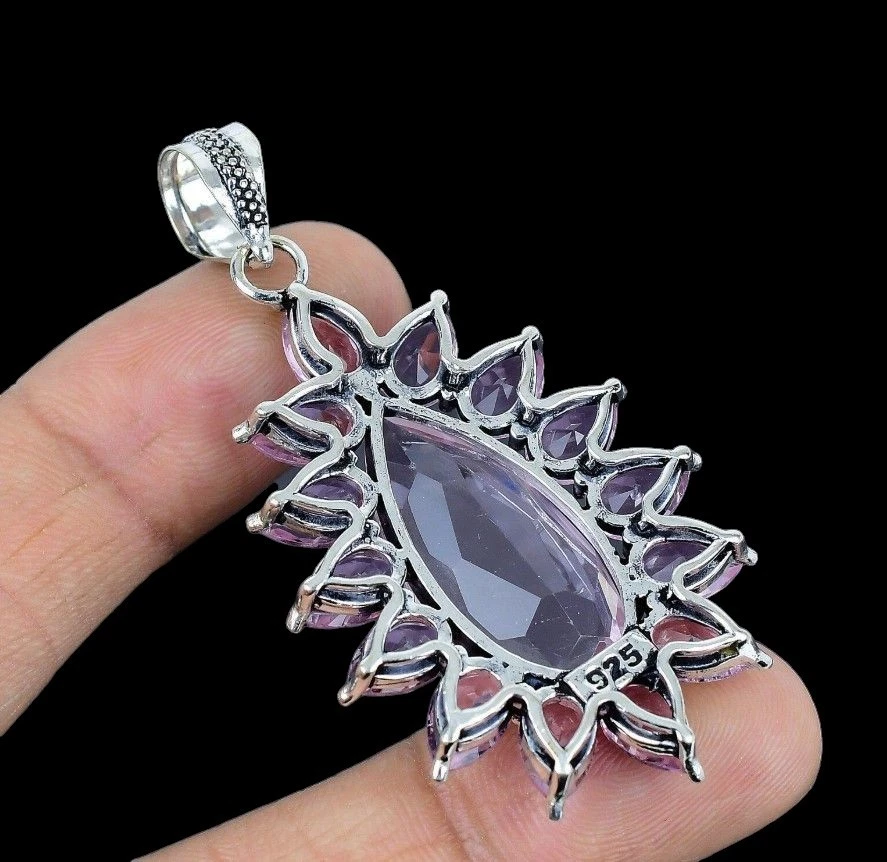 Colgante de joyería de plata de ley 925 hecho a mano con piedras preciosas de kuncita rosa Foto 4 de 4