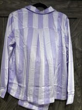 Loft Sleep Women  s Size M Satin Pajama Set Purple Candy Stripe Long Sleeve
