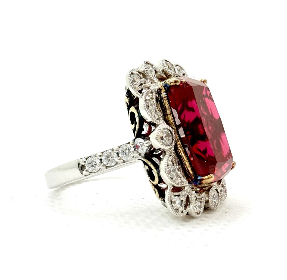 Anillo de oro de plata de ley topacio rojo corte esmeralda talla 7,25 Foto 2 de 4