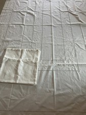 Handmade Embroidered  Pull Work White Tablecloth 102"x67"Set w/ 12 Napkins