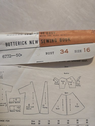 Vintage Butterick 6772 Sewing Pattern Size 16 Dress Coat Rockabilly 50s Uncut - Picture 2 of 4