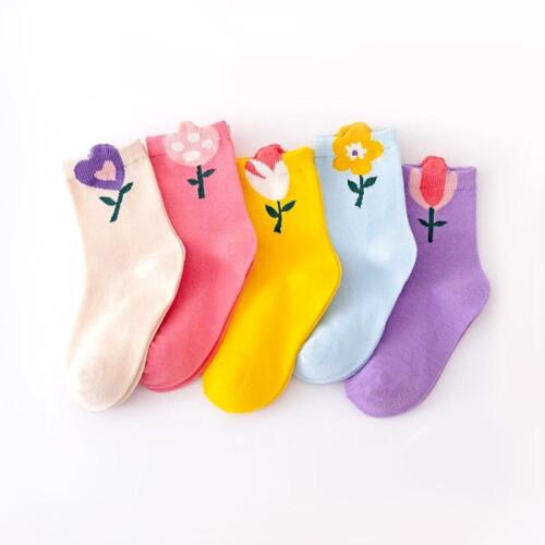 5 Pairs Girls Socks Cute Cartoon Flower Pattern Comfortable Breathable Kids Sock - Picture 8 of 13