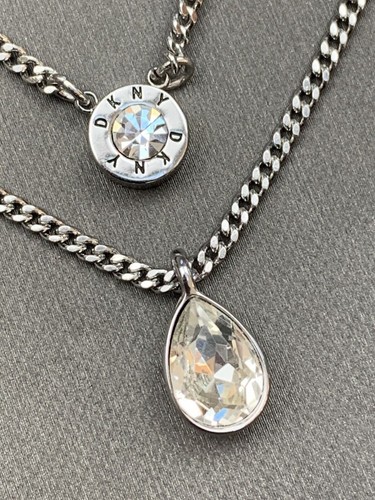 New DKNY Silvertone 2 Layered Chains Crystal Logo Necklace 18” + 2"