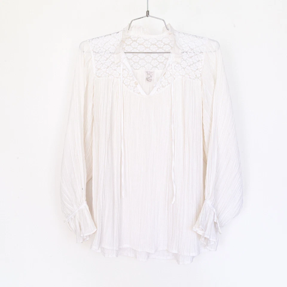 Vintage Edwardian Style White Cotton V-Neck Balloon Sleeve Blouse Top, Petite S