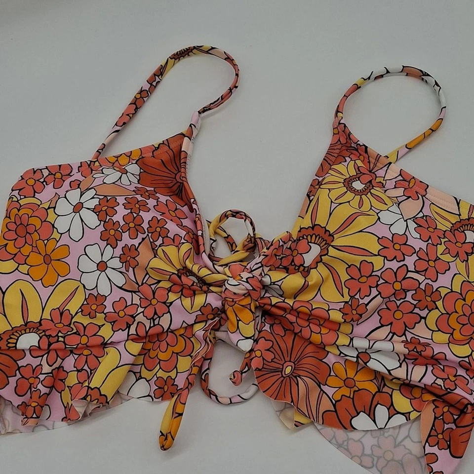 Conjunto de Bikini Hurley Juniors Medio Estampado Floral Volantes Top Cinch Back 2 piezas Naranja Foto 2 de 4