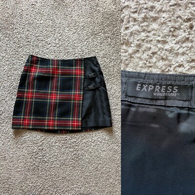 Vintage Express Mini Skirt Black Tartan Plaid Wrap Wool Cyber