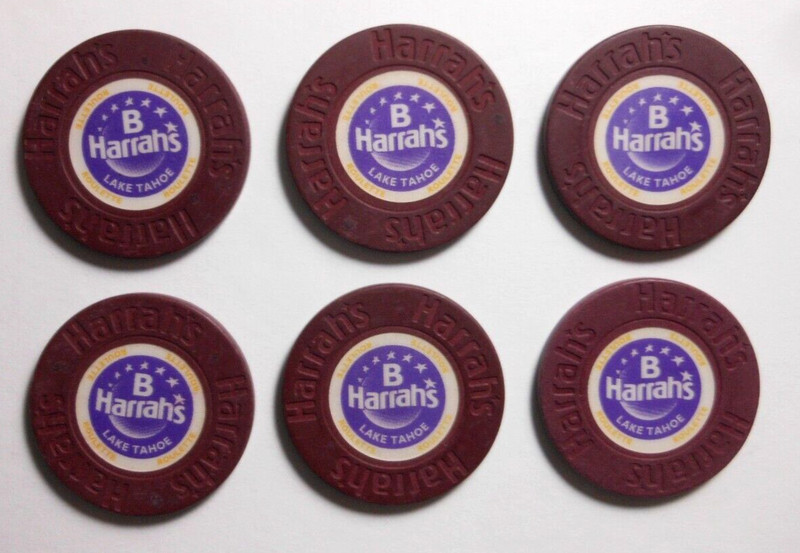 (6) CASINO ROULETTE CHIPS HARRAH'S  "B" LAKE TAHOE, NEVADA