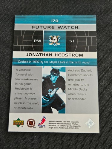 2002-03 UD SP AUTHENTIC JONATHAN HEDSTROM #170 #ed 389/900 FUTURE WATCH ROOKIE - Picture 2 of 2