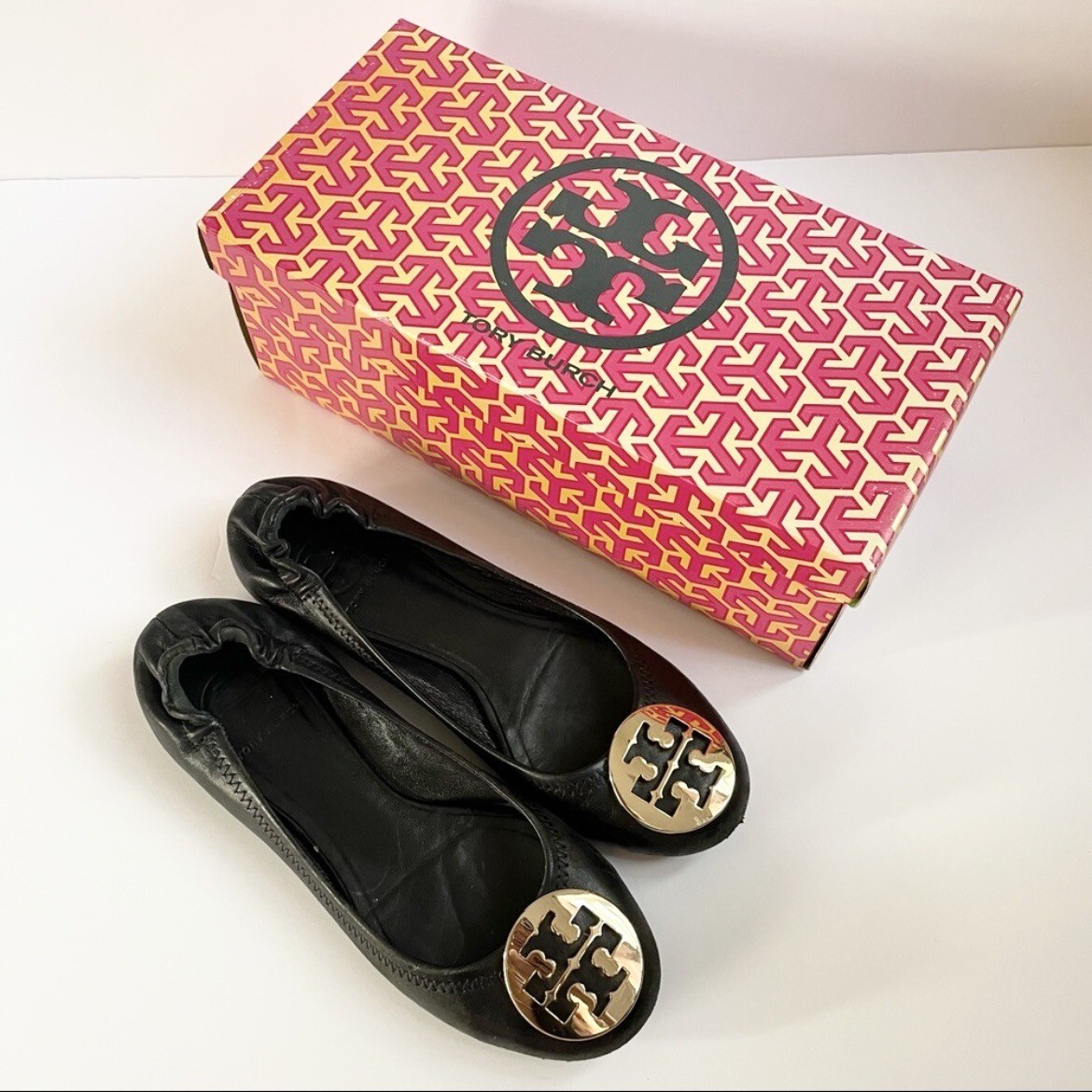 Tory Burch Classic Reva Ballet Flats Black Gold Women