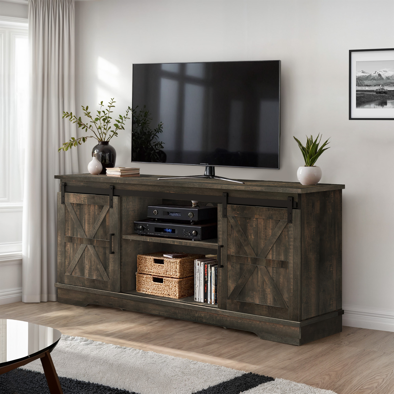 Rustic TV Stand Cabinet with Sliding Barn Doors for 65 Inch TVs Media Console