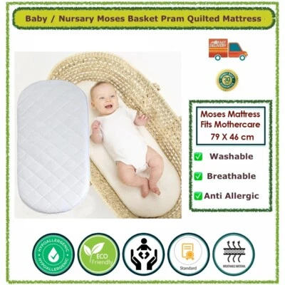PINKFAIRYZ BABY MOSES BASKET FOAM MATTRESS QUILTED FITS WICKER/CRADLE/PRAM 79 X 46 cm