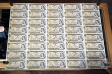 Rare 5 x 8 UNCUT SHEETS 1973 Bank of Canada $1 Banknote, rolled, Excellent Grade