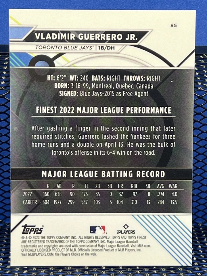 2023 Topps Finest VLADIMIR GUERRERO JR Toronto Blue Jays Base 85 - Image 2 of 2