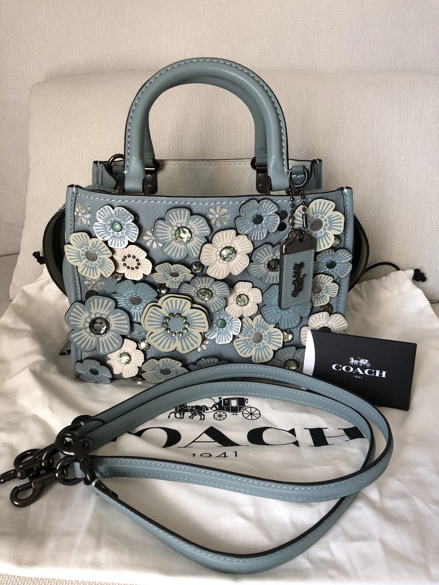 COACH ROGUE 25 With Crystal Tea Rose Tote Bag Applique Cherry Blossoms Blue