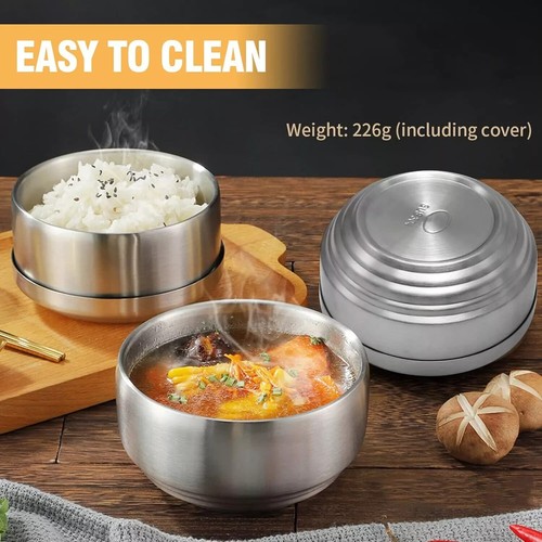 2-Piece Stainless Steel Rice Bowl Set with Lid - Insulated Double-Walled Soup - Picture 4 of 7