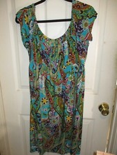 Teal Paisley Women's Peasant Hippie Knee Length Dress Empire Elastic Bodice - M