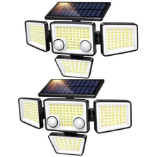 4-Head Adjustable Solar Outdoor Flood Lights, 3000LM Motion Sensor - 2 Pack
