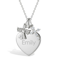 925 Sterling Silver Engravable Heart Shape Tag CZ Angel Cross Pendant Necklace