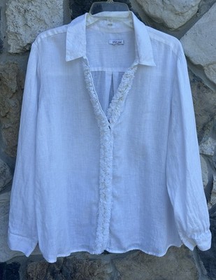 Chico's 100% Linen Button Up Shirt Size 3 (XL) Elevated Basic Chiffon Detail