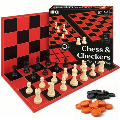 3-in-1 Chess Checkers Tic-Tac-Toe Game Set - 13.375'' Square Double-Sided Board