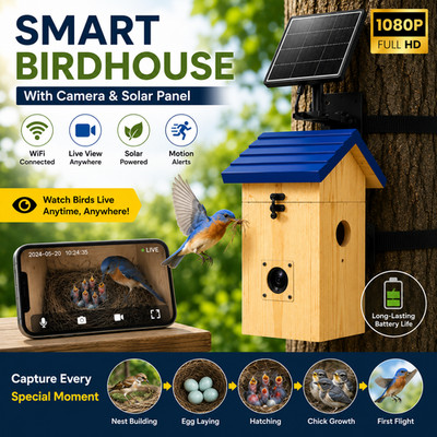 Smart Birdhouse WiFi Camera Solar Powered Bird House HD Live Nest Box App Monito