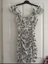 WHITE FLORAL SATIN RUCHED BARDOTBODYCON DRESS