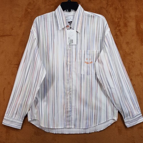 PAUL SMITH Shirt Mens Medium White Stripe Long Sleeve Relaxed Fit Happy $250