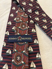 Vintage Tommy Hilfiger Red Blue 100% Italian Silk Made In USA Sail Boat Print