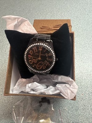 BETSEY JOHNSON Watch Black rhinestone bezel  Heart Second Hand Rose gold numbers