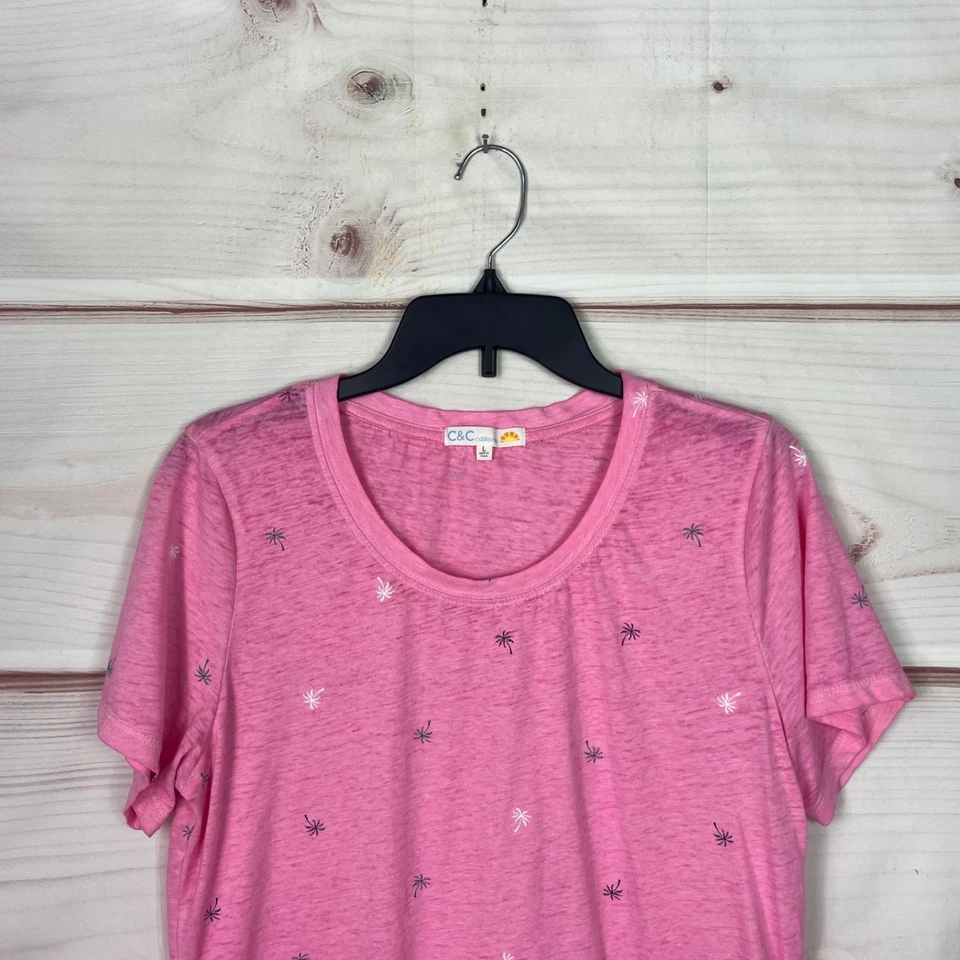 C&C California Top 女式 L 粉色 Burnout T 恤大圆领棕榈树印花 — 第 2/4 张图片