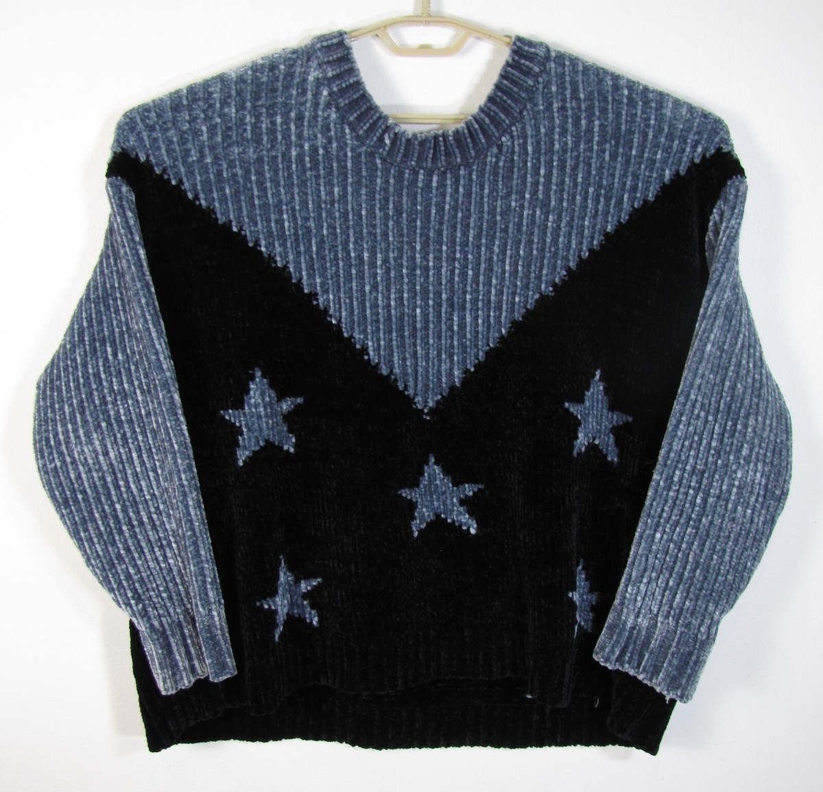 WildFox Women's Size Large Oversize Blue Black Chenile Star Pattern  Sweater