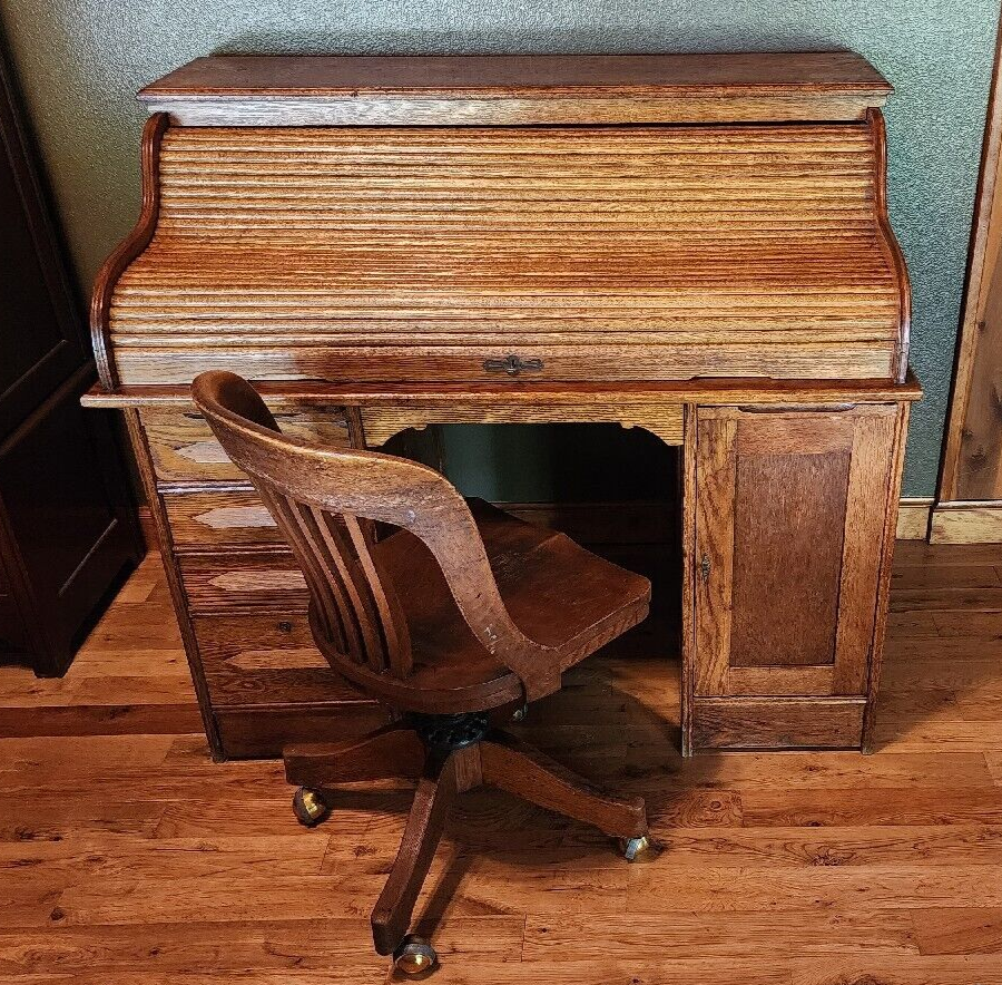 Antique Oak Rolltop High Top Desk & Chair 1890's eBay
