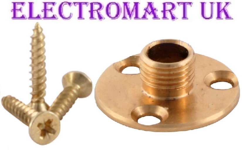 10MM THREADED BRASS LAMP LIGHT HOLDER BASE 3 FIXING HOLES & SCREWS