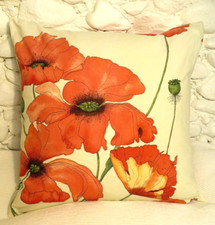 Large Cushion Cover, Sanderson, Large Poppy, Cotton, Reds, Greens, Cream, 22"