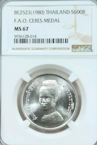 1980 THAILAND SILVER 600 BAHT F.A.O. CERES MEDAL NGC MS 67 BEAUTIFUL RARE GEM BU
