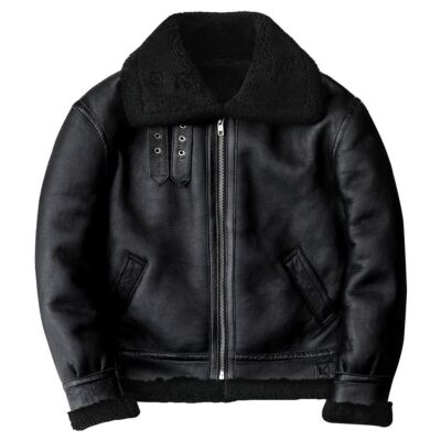 Vintage Mens B3 Bomber Jacket - Black Genuine Sheepskin Leather Shearling Jacket