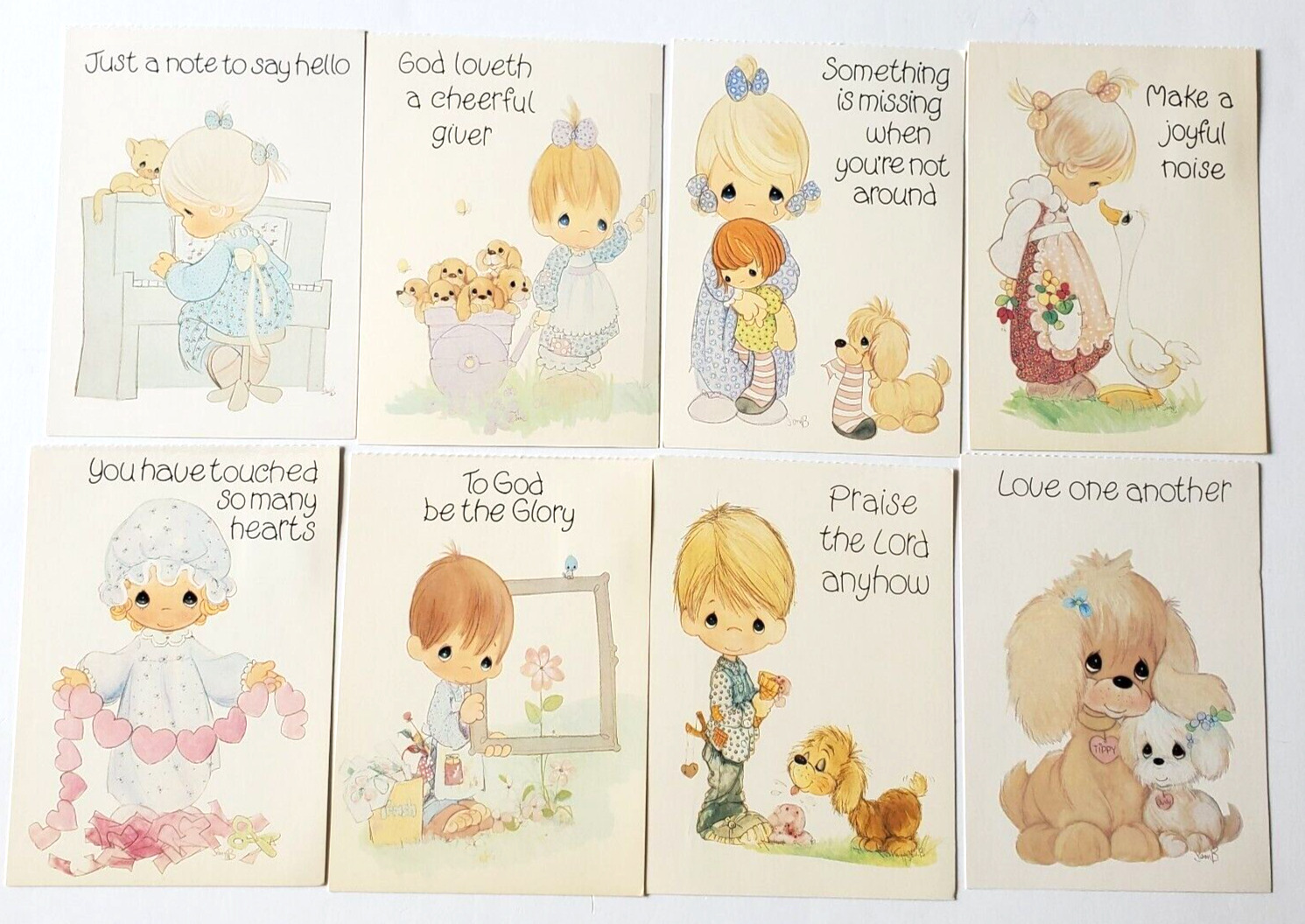 8 Vintage Precious Moments Post Cards Cute Girls Boys Puppies Dogs