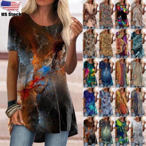 Women Boho Floral Print Long Tops Tunic T-Shirt Loose Short Sleeve Blouse TEE