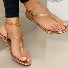 Women Flip Flops Sandals Summer Diamante Flat Ankle Strap Bling Shoes Slippers