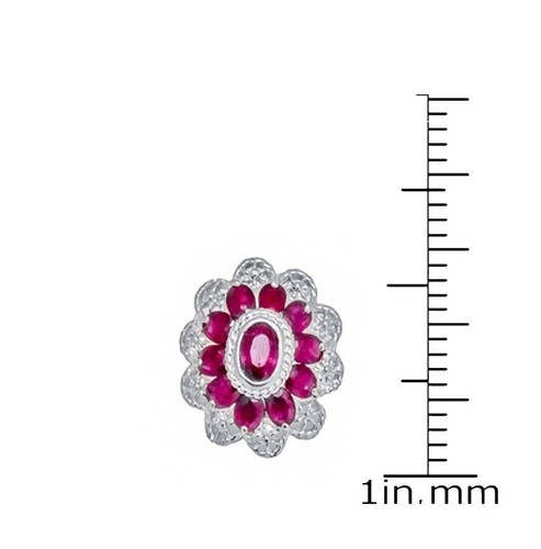Natural Red Ruby Cluster Flower Stud Earrings White gold over sterling silver - Picture 2 of 3