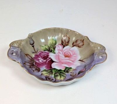 Lefton NE20127B Bon Bon Dish Pierced Handle Hand Painted Pink Roses Trinket 50s