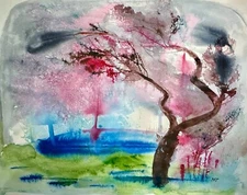 Fantasy landscape ORIGINAL watercolor abstract painting signed by artist