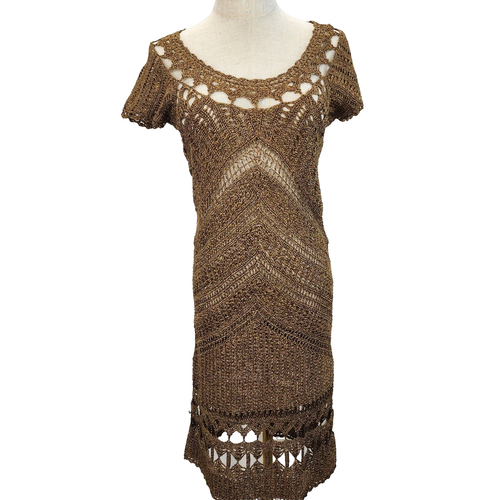 DIANE VON FURSTENBERG Size Small Gold Acetate Blend Crochet Dress