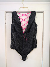 La Senza Black Lace Teddy Bodysuit w/ Neon Pink Lace-Up Back Size Large L