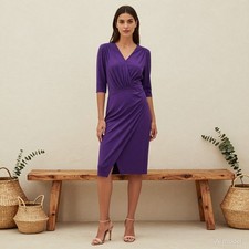 Evening Glam Midi Dress Purple Jersey Wrap V-Neck Sleeve Stretch Party US 6