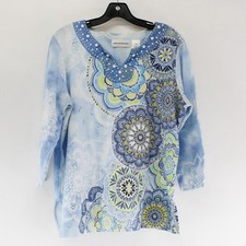 Alfred Dunner Blue/Yellow Geometric Quarter Length Sleeves Blouse Women's Size M